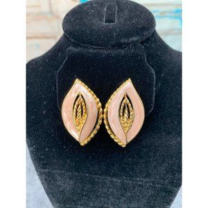 Trifari Pink and Gold Enamel Leaf Clip Earrings